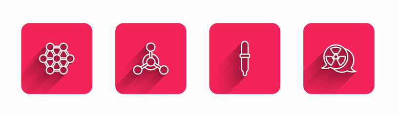 Set line Molecule, , Pipette and Radioactive with long shadow. Red square button. Vector