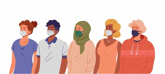 Peoples wear Mask, group of people wearing medical masks to prevent disease. Men and women wearing protection from virus, urban air pollution, flat style vector illustration.