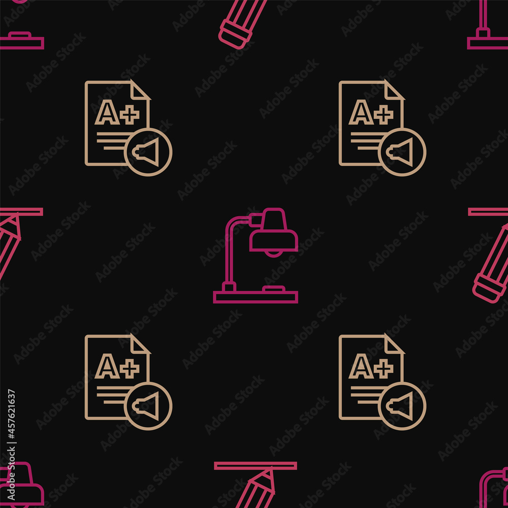 Poster set line pencil with eraser, exam sheet a plus grade and table lamp on seamless pattern. vector