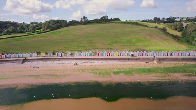Beach huts on Broadsands Beach from a drone, Paignton, Devon, England, Europe