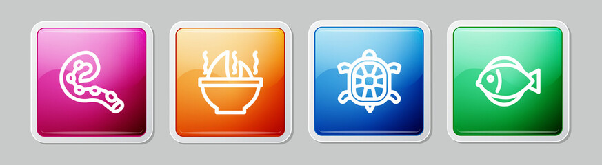 Set line Octopus of tentacle, Shark fin soup, Turtle and Fish. Colorful square button. Vector