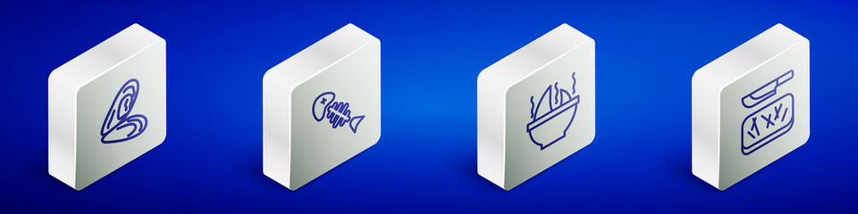 Set Isometric line Mussel, Fish skeleton, Shark fin soup and Cutting board and knife icon. Vector
