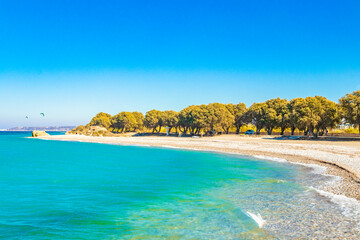 Kremasti beach Rhodes Greece turquoise water and natural coast. - obrazy, fototapety, plakaty