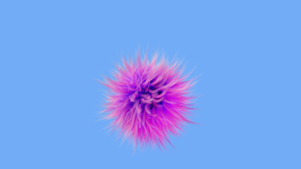 Shaggy round abstraction, 3d render. Multicolored fur ball. Pink fluffy ball isolated on a blue background.