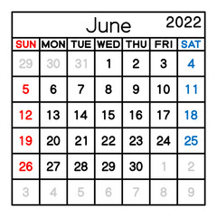 2022年　6月　カレンダー　ベクターイラスト