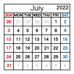 2022年　7月　カレンダー　ベクターイラスト