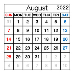 2022年　8月　カレンダー　ベクターイラスト