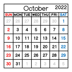 2022年　10月　カレンダー　ベクターイラスト