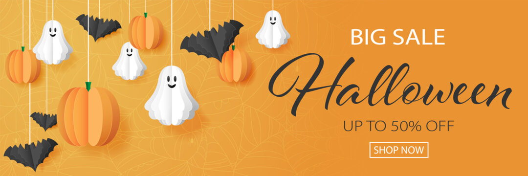 Halloween sale shop vector banner illustration background 
