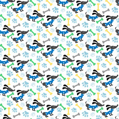 Seamless pattern with dog and bones. Dachshund in blue clothes.. Vector illustration isolated on white background. For packaging, illustrations, covers, fabrics and prints, children clothing, shops.