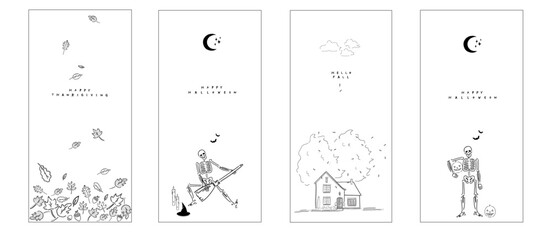 Fall Autumn & Halloween vector drawing of skeleton, leaves, acorns for seasonal greeting, menu, store sign - Happy Thanksgiving - Hand-drawn design. Vertical banner collections. 