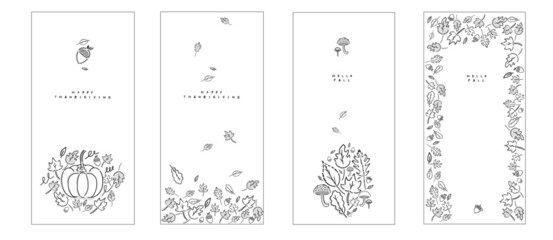 Fall Autumn vector drawing of mushrooms, leaves, acorns for seasonal greeting, menu, store sign - Happy Thanksgiving - Hand-drawn design. Vertical banner collections. 