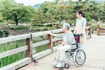 公園で散歩する高齢者と医療スタッフ（アニマルセラピー）
