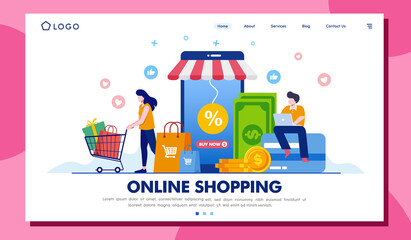 Fototapeta na wymiar online shopping with mobile phone, easy shopping, purchase, e-commerce, marketplace, flat illustration vector