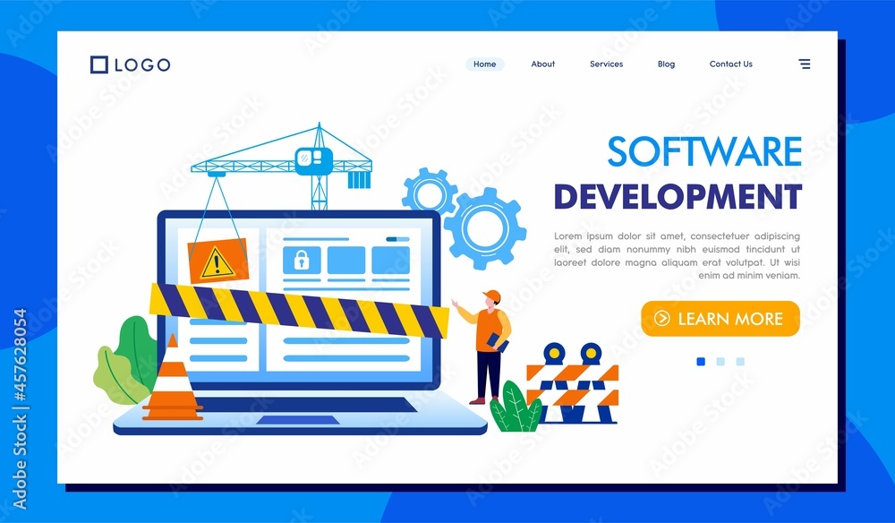 Wall mural software development, under construction, web developer, programming, flat illustration vector banne