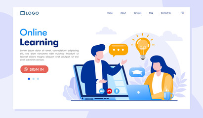 online learning illustration, distance education, video learning, online teaching, flat illustration vector banner