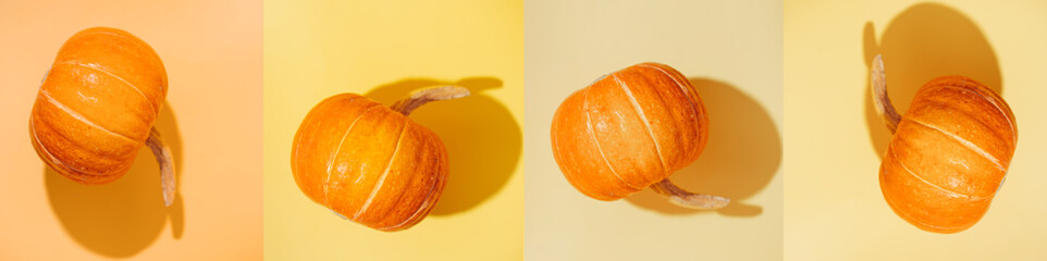 Orange pumpkins for Halloween on backgrounds of different colors and different angles