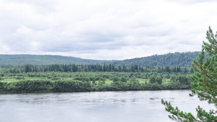 Panorama of a forest river and mountains overgrown with coniferous forests. Summer landscape coniferous forest and river