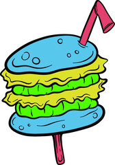 burger with illustration in many colors