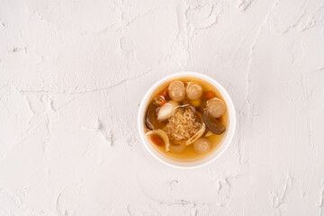 Chinese snow fungus dessert soup top view 