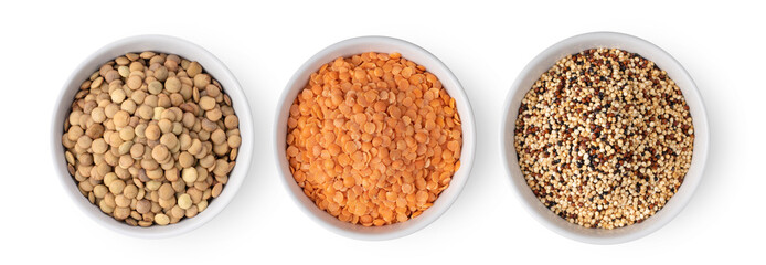 Uncooked lentils in white bowl isolated on white background