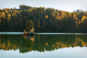 lake gazebo reflection trees autumn