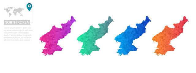 Set of vector polygonal North Korea maps. Bright gradient map of country in low poly style. Multicolored country map in geometric style for your