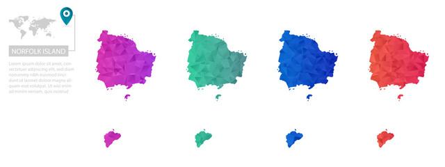 Set of vector polygonal Norfolk Island maps. Bright gradient map of country in low poly style. Multicolored country map in geometric style for your