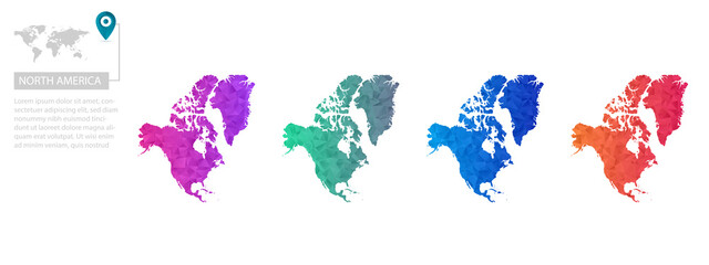 Set of vector polygonal North America maps. Bright gradient map of country in low poly style. Multicolored country map in geometric style for your