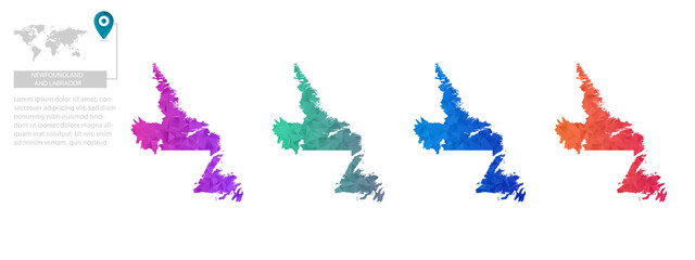 Set of vector polygonal Newfoundland and Labrador maps. Bright gradient map of country in low poly style. Multicolored country map in geometric style for your