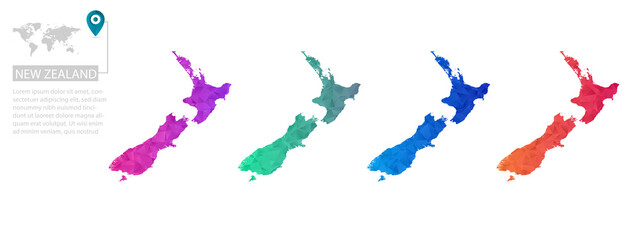 Set of vector polygonal New Zealand maps. Bright gradient map of country in low poly style. Multicolored country map in geometric style for your