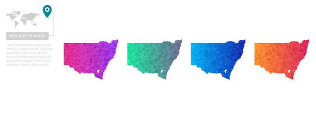 Set of vector polygonal New South Wales maps. Bright gradient map of country in low poly style. Multicolored country map in geometric style for your