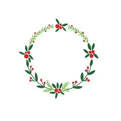 Holly Christmas wreath hand drawn illustration , Red and green flower decoration circle frame for text