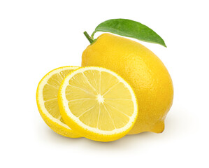 Ripe lemon fruit and slices with leaves isolated on white background, fresh lemon fruit.