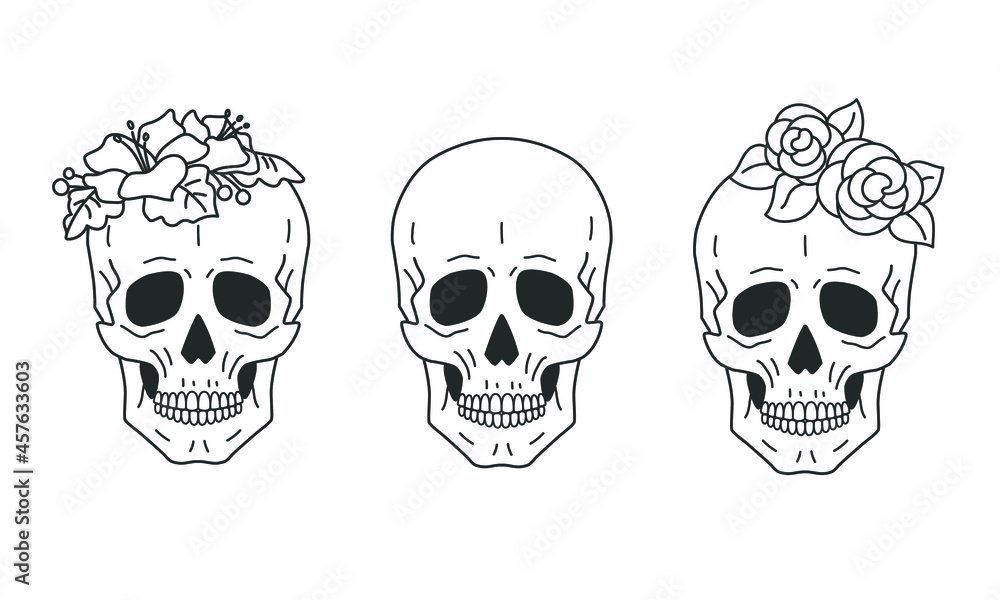 Canvas Prints set of skulls executed in a linear fashion. some of them are decorated with flowers.