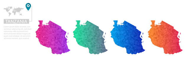 Fototapeta na wymiar Set of vector polygonal Tanzania maps. Bright gradient map of country in low poly style. Multicolored country map in geometric style for your