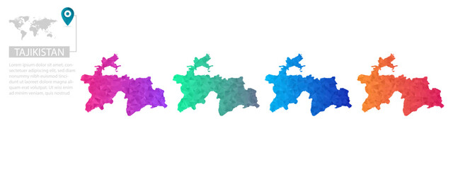 Set of vector polygonal Tajikistan maps. Bright gradient map of country in low poly style. Multicolored country map in geometric style for your