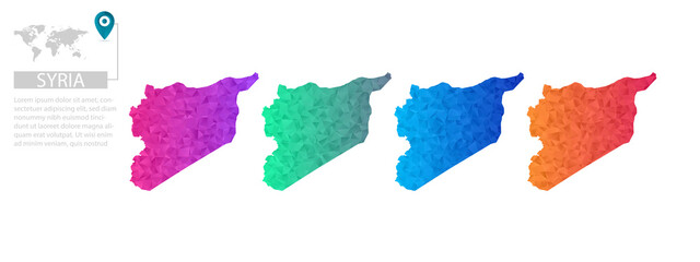 Fototapeta na wymiar Set of vector polygonal Syria maps. Bright gradient map of country in low poly style. Multicolored country map in geometric style for your