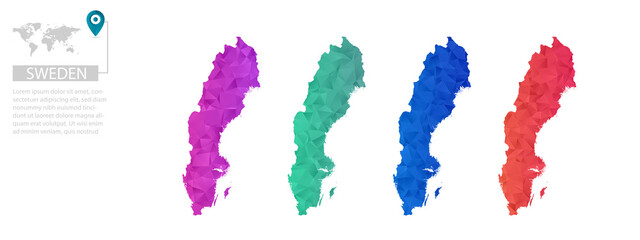 Obraz premium Set of vector polygonal Sweden maps. Bright gradient map of country in low poly style. Multicolored country map in geometric style for your