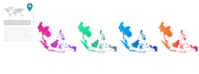Set of vector polygonal Southeast Asia maps. Bright gradient map of country in low poly style. Multicolored country map in geometric style for your