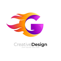 Letter G logo with fire design template, 3d colorful