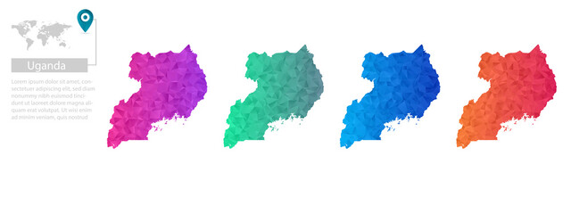 Set of vector polygonal Uganda maps. Bright gradient map of country in low poly style. Multicolored country map in geometric style for your