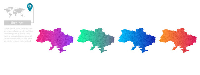 Obraz premium Set of vector polygonal Ukraine maps. Bright gradient map of country in low poly style. Multicolored country map in geometric style for your