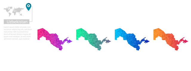 Set of vector polygonal Uzbekistan maps. Bright gradient map of country in low poly style. Multicolored country map in geometric style for your