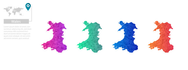 Set of vector polygonal Wales maps. Bright gradient map of country in low poly style. Multicolored country map in geometric style for your
