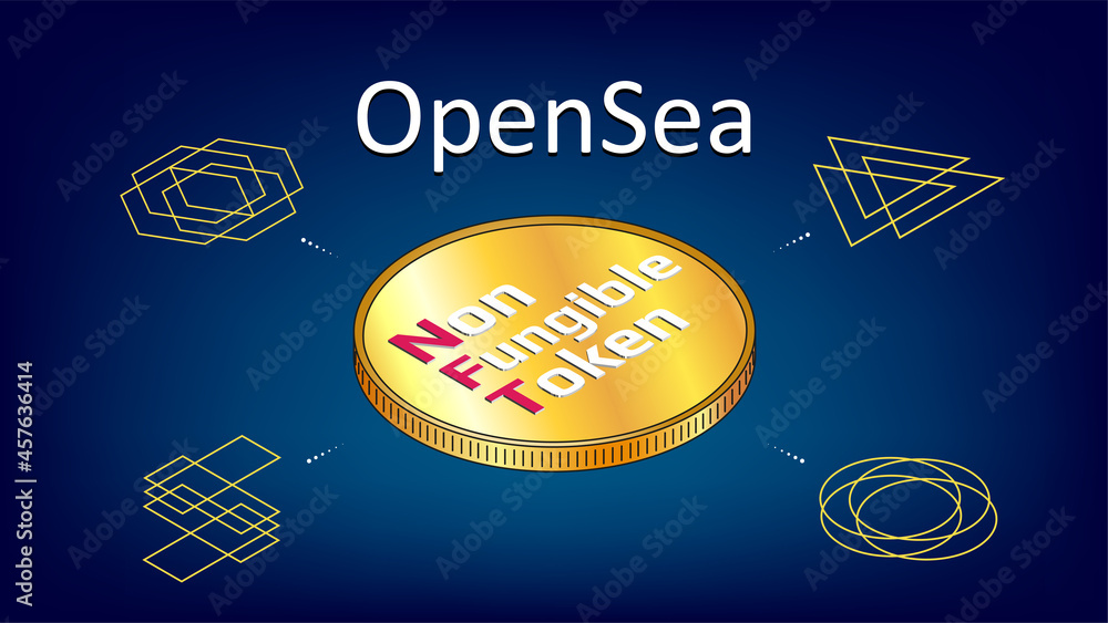 Canvas Prints opensea text internet platform nft token market and auction with isometric coin on blue background. 