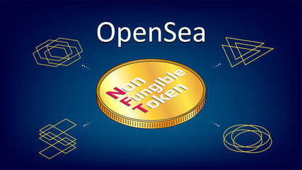 OpenSea text internet platform NFT token market and auction with isometric coin on blue background. New trend in collectibles sales. Banner for news and media. Vector illustration. - obrazy, fototapety, plakaty