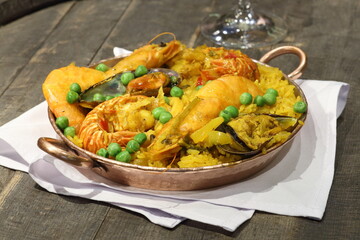 Paella, a classic Spanish dish with seafood