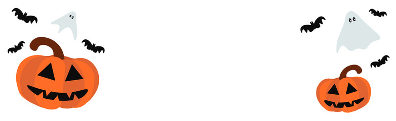 Halloween banner. Pumpkin Jack o Lantern and bats and ghosts on a white background. Vector illustration.