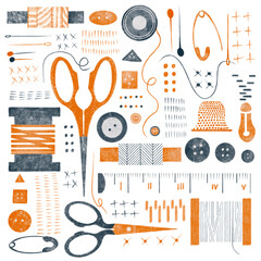 Big seamstress set with illustration of watercolor retro sewing tools. Sewing kit, accessories, equipment for sewing isolated on white background. Scissors, buttons, bobbins with thread, needles